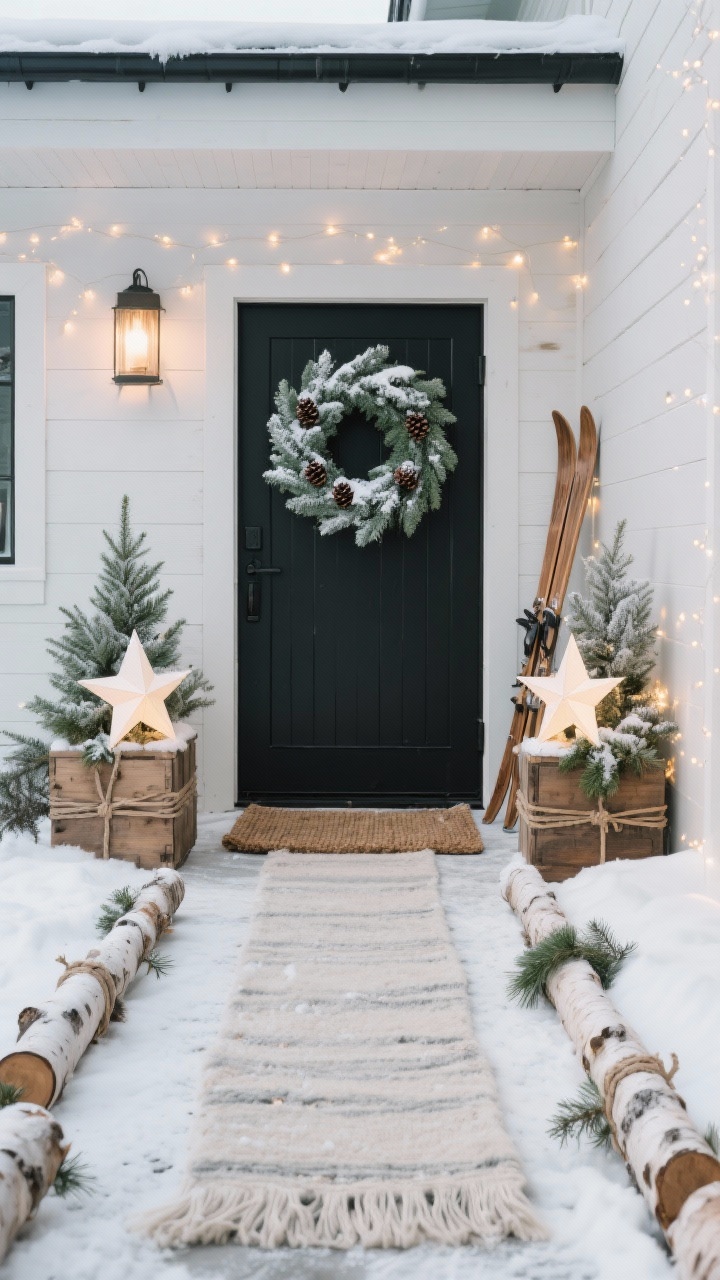 Photorealistic wide shot, slightly angled perspective of a Nordic snow lodge entry: matte black front door with a faux spruce wreath dusted with snow spray and tiny pinecones; pathway lined with birch log bundles tied in twine with juniper sprigs; two wooden crate planters holding frosted greens and oversized warm-white paper star lanterns; micro-twinkle lights that softly shimmer; a wool-look runner layered over a coir mat; optional simple wooden skis propped by the door. Palette: soft whites, charcoal, sage, natural wood. Lighting: warm, subtle, non-blinking.