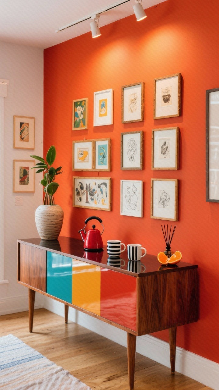Photorealistic wide shot, straight-on gallery wall: art-forward coffee bar with a saturated paprika-colored wall hosting a tight gallery of small artworks, thrifted frames, and coffee sketches; below, a mid-century console with walnut veneer, tapered legs, and a glossy lacquer top; color-blocked mugs, a scarlet kettle, and striped linen towels echoing the art; a tall ceramic sculpture or oversized plant pot adding vertical balance; bold jewel tone with pops of primary accents; materials include lacquer, walnut veneer, ceramic, linen; bright, inviting lighting; orange peel and clove diffuser on console for a lively, gallery-opening mood