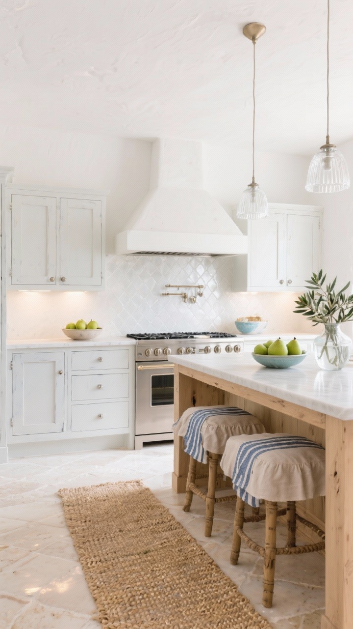 Photorealistic wide shot, straight-on, of a coastal Tuscan kitchen: sea-salt white plaster walls, creamy limestone floors reflecting light, antiqued white cabinets with soft gray glazing and brushed nickel hardware; simple plaster canopy hood, glossy pearl-toned tile backsplash; bleached-oak island with a pale quartz top; woven seagrass runner on the floor; clear seeded-glass pendants and discreet under-cabinet lighting; textiles include linen barstool slipcovers and blue-striped tea towels; bowls of green pears and a vase of olive branches; bright, airy coastal mood.