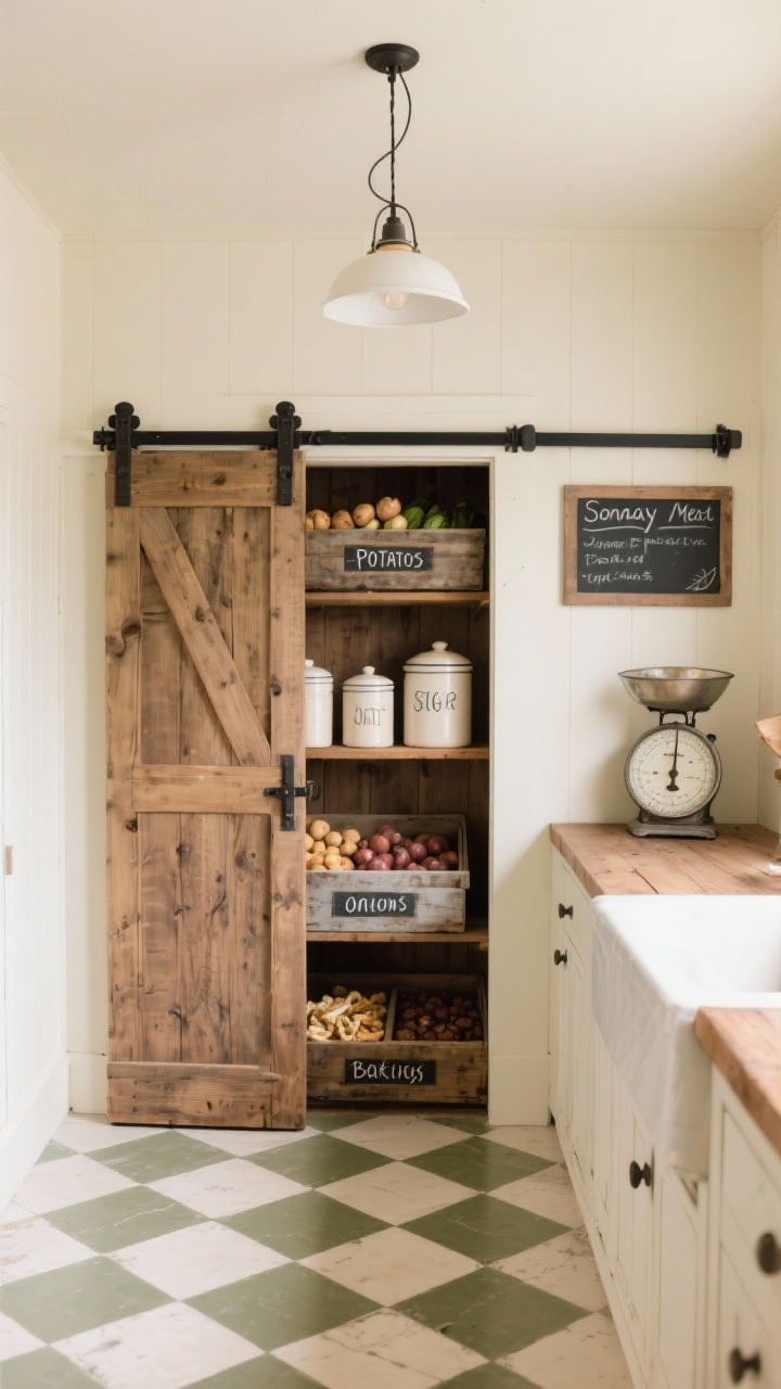 Photorealistic wide shot straight-on of a farmhouse pantry: rustic wood sliding barn door on a black track open to reveal open pine shelves with weathered produce crates labeled for potatoes, onions, and snacks; ceramic canisters for sugar and flour; a vintage-style scale on a narrow butcher-block counter. Walls in buttermilk cream and a painted checkerboard tile floor in cream and sage. A simple wired pendant overhead and a small chalkboard panel for weekly meal notes. Warm, nostalgic Sunday-baking vibe.