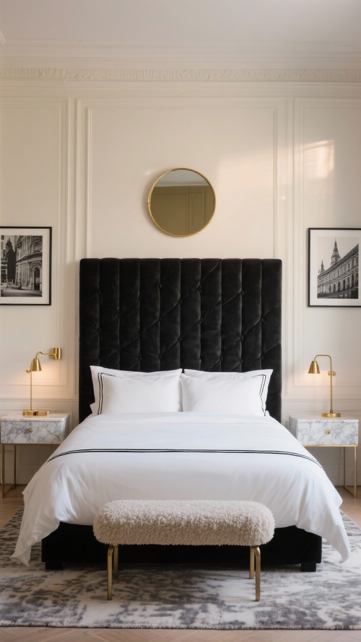 Photorealistic wide shot, straight-on view of a Modern Parisian bedroom: creamy paneled wall behind a tall, channel-tufted velvet headboard in inky black; crisp hotel-grade white cotton bedding with a thin black grosgrain border; brass swing-arm sconces; delicate marble-topped nightstands; a hand-knotted rug with a subtle smoky pattern; framed black-and-white architectural prints; a petite bouclé bench at the foot of the bed; a round brass mirror reflecting soft ambient light. Palette: cream, black, soft gray, brushed brass. Even, warm evening lighting with gentle shadows, no people.