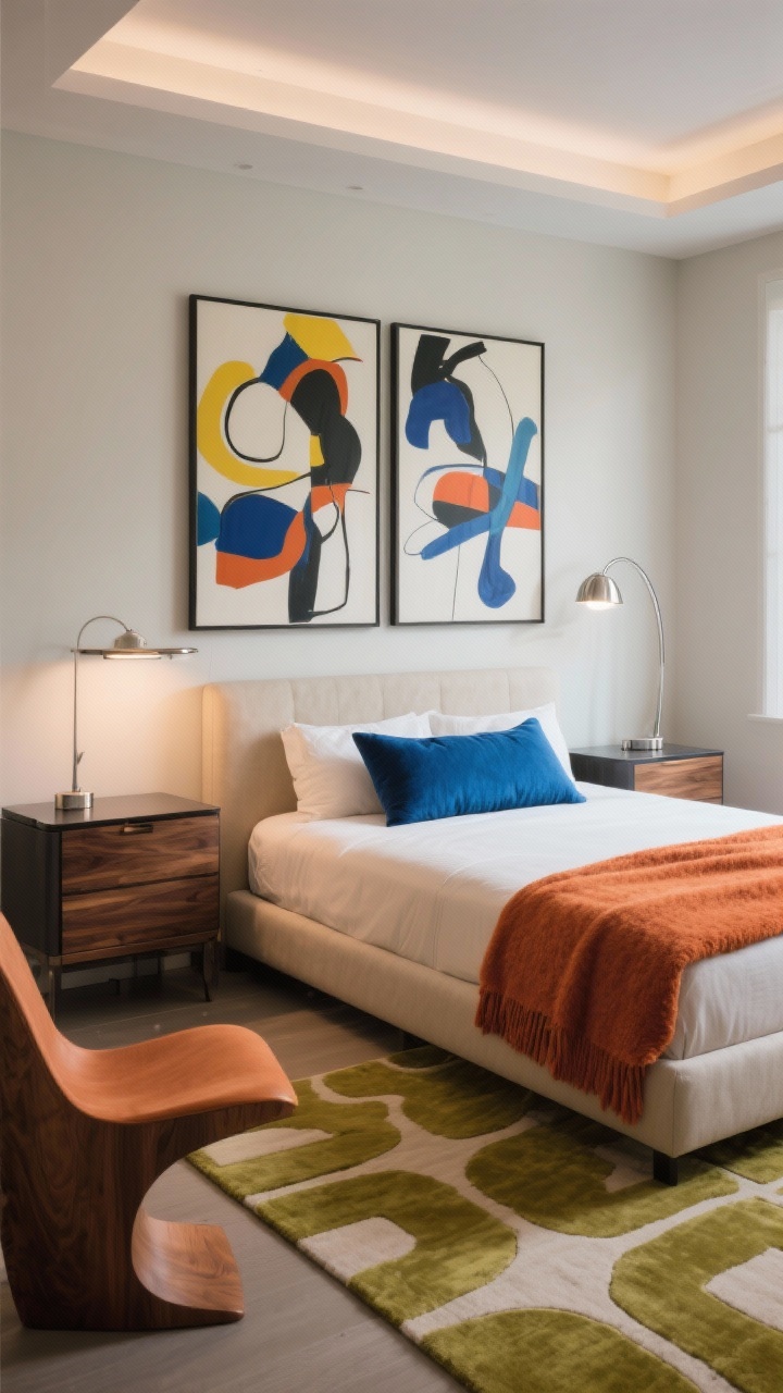 Photorealistic wide shot with a gallery feel for a Contemporary Art-Led luxe bedroom: low upholstered bed in a neutral; large-scale abstract diptych over the bed with a picture light illuminating it; sleek lacquered nightstands; smoked oak dresser; brushed nickel arc lamp sweeping over one side; calculated color hits—cobalt bolster pillows, terracotta mohair throw; graphic rug anchoring the space; a sculptural side chair near the dresser. Palette: soft neutrals with saturated accents (cobalt, terracotta, chartreuse). Balanced, museum-like lighting with crisp highlights and soft shadows.