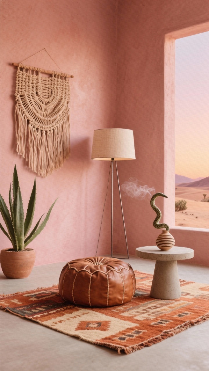 Photorealistic wide shot with desert warmth: a Modern Desert pink oasis featuring clay-pink walls and a flat-weave kilim rug in terracotta and sand. A leather meditation pouf sits beside a low cement side table. Sculptural plants (snake plant and aloe) provide clean lines against the wall. A woven fiber art piece adds movement above, while a ribbed ceramic diffuser emits a hint of vapor. Slim metal floor lamp with linen shade casts a soft glow; earthy, minimal, sunset-toned palette; no people.