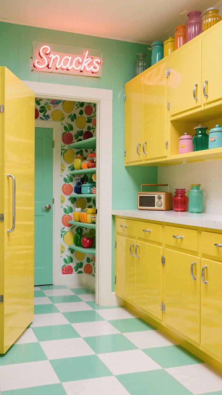 Photorealistic wide shot with playful energy of a retro color-pop pantry: checkerboard floor in white and pistachio green, glossy butter yellow cabinets with chrome cup pulls, rounded-corner laminate counter. Shelves styled with colored glass containers and enamelware; bold fruit-pattern wallpaper inside the pantry; a small retro radio on the counter; neon-style “Snacks” sign above the doorway. Bright, cheerful mid-century charm.