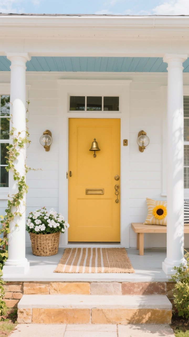 Photorealistic wide, straight-on daytime facade that feels bright yet soft: main body cloud white with warm undertone, matching white columns and window trim, foundation and steps in warm sandstone paint/veneer. A sunny marigold front door in satin sheen with brushed brass hardware and bell-style knocker, schoolhouse globe sconces on either side. Porch styled with woven baskets of white geraniums and trailing ivy, a striped natural runner, faint sky blue painted porch ceiling, and a pale wood bench with sunflower cushions.