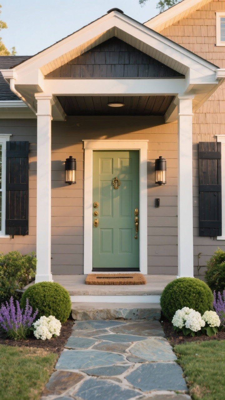 Photorealistic wide, straight-on exterior of a cozy-meets-contemporary cottage at golden hour: main siding in warm mushroom taupe shifting between gray and beige, crisp soft white trim and gutters, deep charcoal shutters and fascia, a muted satin sage green front door with aged brass hardware, flanked by black cylinder sconces. Charcoal-stained porch ceiling visible under eaves, chunky natural wood doormat, symmetrical low foundation planting of boxwood balls, lavender, and white hydrangeas. Weathered bluestone natural stone path leading to the entry; no people.