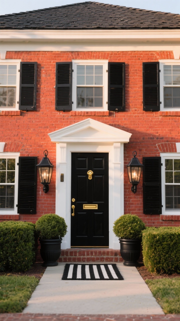 Photorealistic wide, straight-on exterior of a red brick home at golden hour: pure white fascia and soffits crisply framing windows, glossy black shutters, a black front door with a polished brass knocker and brass doorknob, black steel lanterns flanking the entry, charcoal/black architectural shingle roof. Foreground includes neatly trimmed boxwood hedges, two symmetrical planters at the doorway, and a striped black-and-white doormat. Clean, tailored, timeless mood with sharp contrast between white trim, deep blacks, and warm brick.