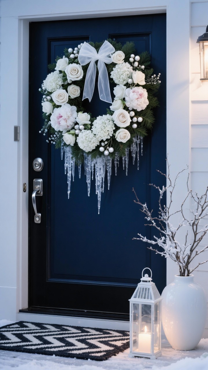 Photorealistic wide, straight-on shot of a deep navy front door showcasing a lush all-white floral wreath of peonies, roses, and hydrangeas layered over a slim evergreen base. Clear acrylic icicles and pearlescent berries add icy sparkle, finished with a sheer white organza bow. Polished chrome hardware, a black-and-cream herringbone doormat, and frosted lanterns beside a minimal white ceramic vase with winter branches. Cool, crisp evening lighting for a serene, gallery-like effect.