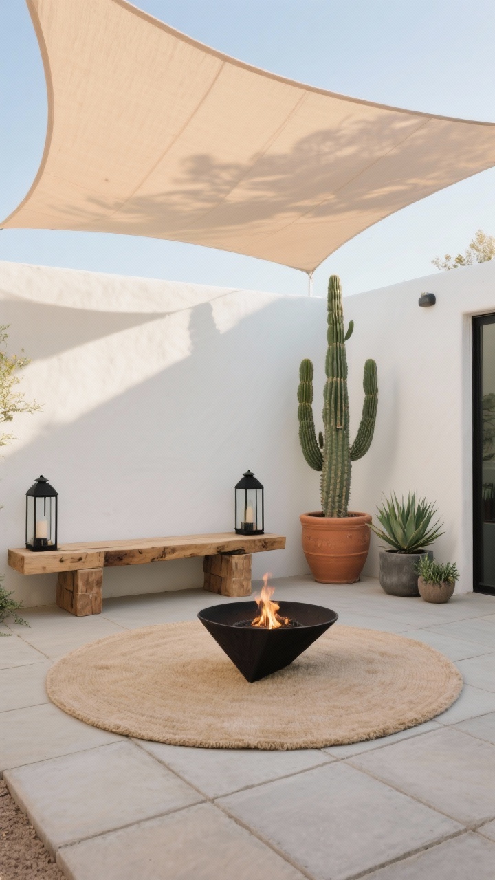 Photorealistic wide, straight-on view of a “Desert Modern Courtyard” in late afternoon: smooth concrete slab with large-format pavers, round wool-look outdoor rug in sandy beige; chunky cedar block bench against a white stucco wall; a single sculptural cactus in a terracotta pot as the hero; matte black lanterns flanking the bench; low-profile fire bowl centered; triangular pale-sand shade sail casting crisp geometric shadow; barrel cactus, agave, and rosemary in minimalist planters. Colors: bone, terracotta, matte black, sage. Mood: clean, warm, modern.