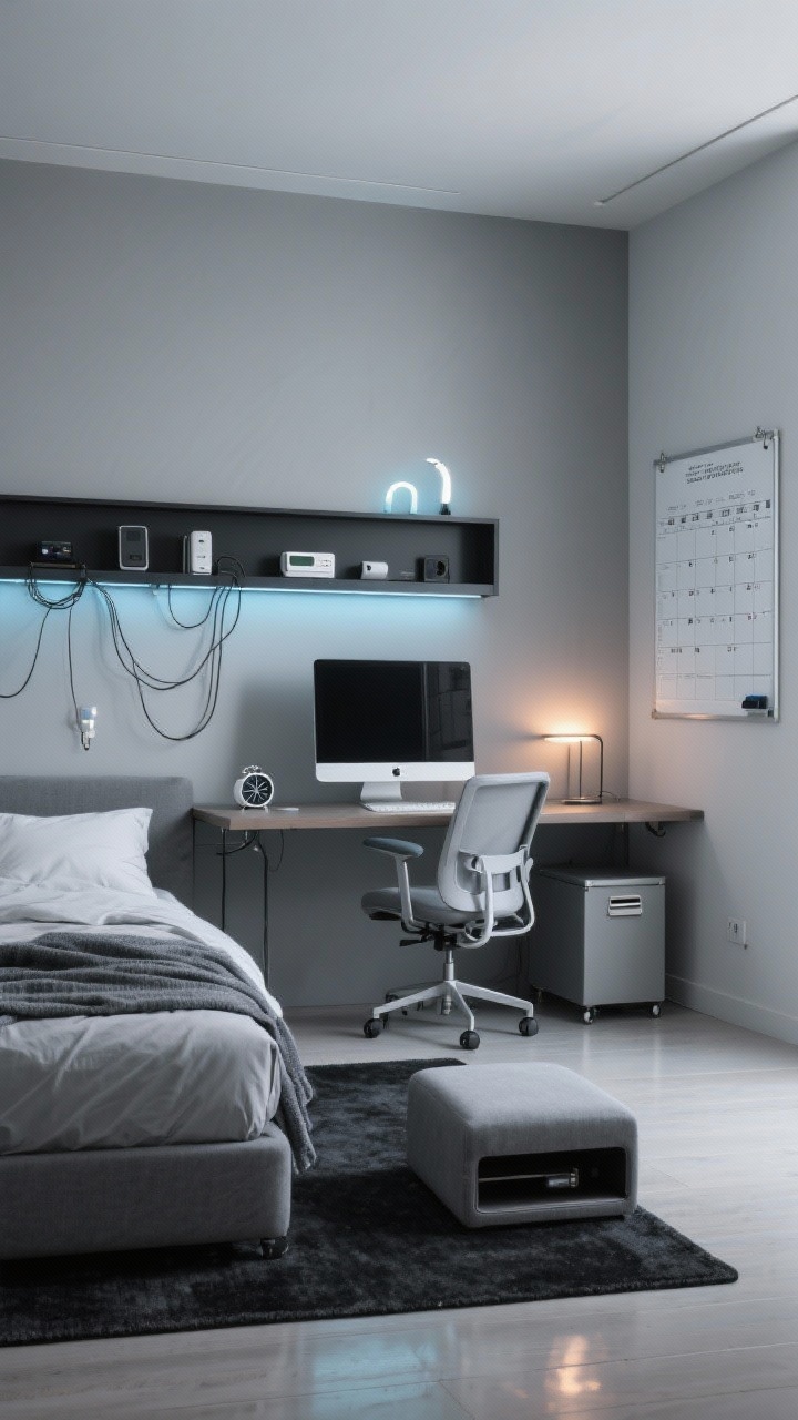 Photorealistic wide, straight-on view of a tech-savvy smart suite: cool-gray bedding with a graphite throw, low-pile black rug for easy rolling chair movement. Over the desk, a removable wall shelf holding gadgets. Cables managed with sleeves and adhesive clips along the desk edge. Lighting includes voice-controlled smart bulbs (cool white), a dimmable desk lamp, and a sunrise alarm clock on the nightstand. A monitor on a riser freeing desk space, a folding ottoman with hidden storage slightly open, a slim rolling file, and a magnetic whiteboard with weekly planning grid. Palette: cool gray, black, ice blue, brushed silver. Clean, cool, evenly lit scene with subtle tech reflections.