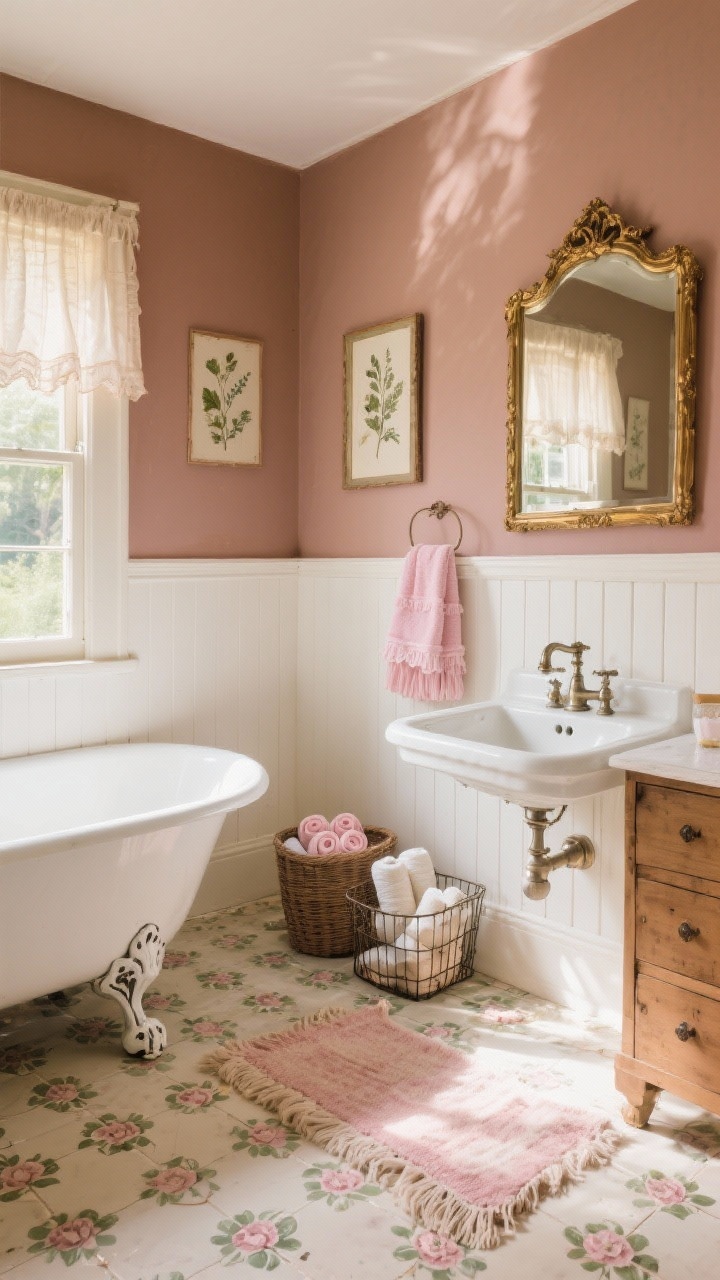 Photorealistic wide, sunlit corner view of a vintage rose cottage bathroom: vintage-rose painted upper walls with a faint brown undertone, white beadboard wainscoting, ceramic floral floor tiles in blush, moss, and cream; clawfoot tub under a window with sheer café curtains, repurposed farmhouse-dresser vanity with porcelain sink and antique-style bridge faucet in polished nickel; vintage gold-framed mirror, pressed botanical prints, ruffled pink-and-white towels, fringed rug, and wire baskets with rolled soaps and bath salts; warm morning light.