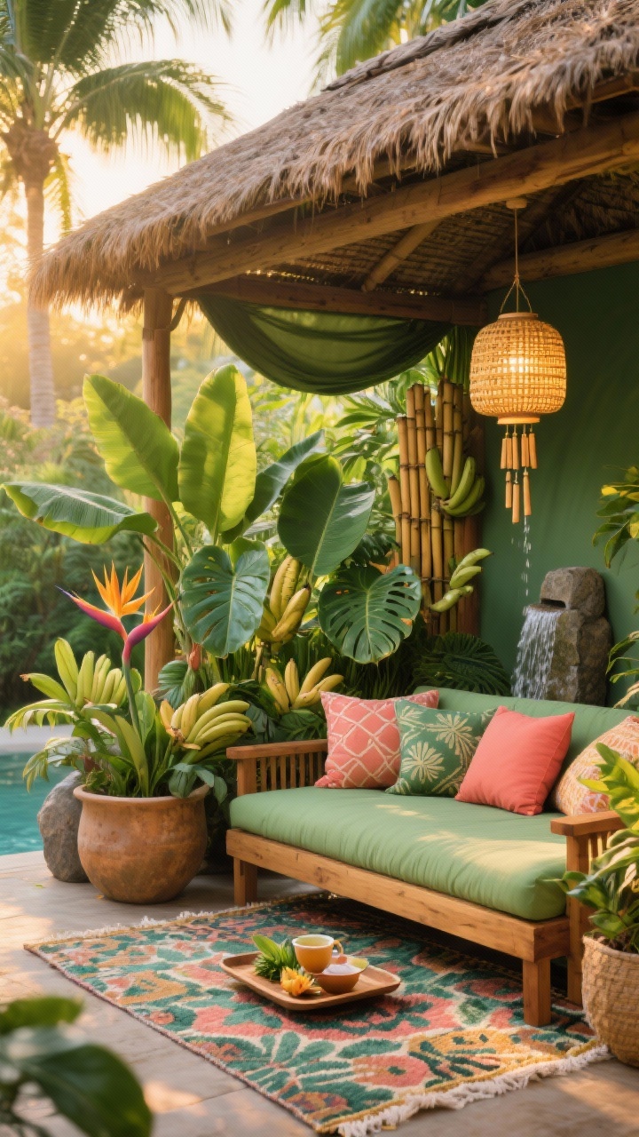 Photorealistic wide tropical scene of a “Tropical Cabana Retreat” in golden hour: thatched-roof cabana/pergola with canopy over lush planting; bold patterned outdoor rug under a low teak daybed topped with vibrant floor cushions; oversized planters brimming with banana leaves, elephant ear, palms, monstera, bird of paradise, and philodendron; woven pendant lantern glowing warmly; bamboo wind chime hanging from a beam; small stone rainfall feature providing a steady, soothing cascade; tray with tropical tea on the daybed. Colors: jungle green, teak, coral, golden straw. Mood: indulgent, vacation-like escape.