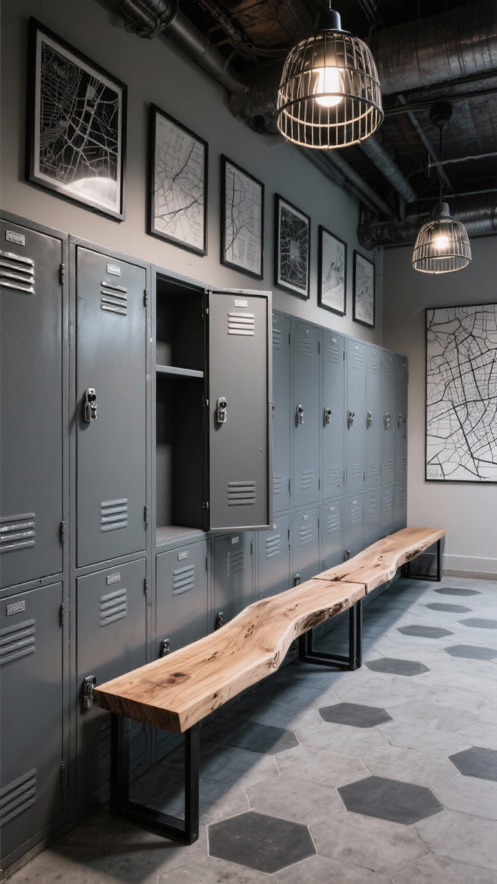 Photorealistic wide urban industrial mudroom: a full wall of powder-coated steel lockers in smoky gray, each with a door, a bottom shelf, and a top cubby; a live-edge wood slab bench on black steel legs running parallel; floor in concrete-look hex tile mixing grays and charcoal; overhead, two caged industrial pendant lights; a gallery rail with black-and-white city maps lining the opposite wall; moody, durable, high-traffic vibe; shot from a low corner angle to highlight geometry and textures.