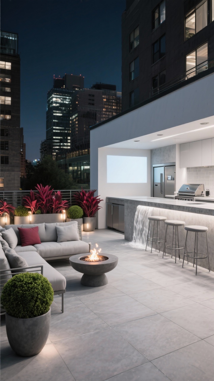 Photorealistic wide urban terrace at night: large-format porcelain pavers creating clean lines, a compact outdoor kitchen featuring a slim grill, undercounter fridge, and a waterfall-edge concrete bar with stools, sectional seating with tight-back cushions, a pedestal fire bowl, graphite planters filled with boxwood spheres and burgundy cordyline, planter uplighting and a bright projector wall ready for movie night; palette of graphite, concrete gray, white, and burgundy accents; glass and powder-coated aluminum details.