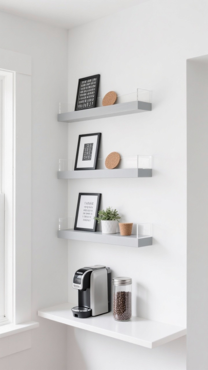 Photorealistic wide vertical wall shot, Narrow Gallery Shelf Wall: three 12-inch-wide picture ledges installed in a tight column on crisp white walls with soft gray accents; lowest shelf holds a compact single-serve machine; tall glass jars for beans and a narrow stainless canister for sugar on middle/upper ledges; mini prints and black-and-white typography art layered along the ledges; acrylic risers stagger heights for a styled gallery feel; micro planters and cork coasters as small accents; palette of white, soft gray, matte black, and glass; bright, airy lighting, straight-on composition emphasizing verticality.
