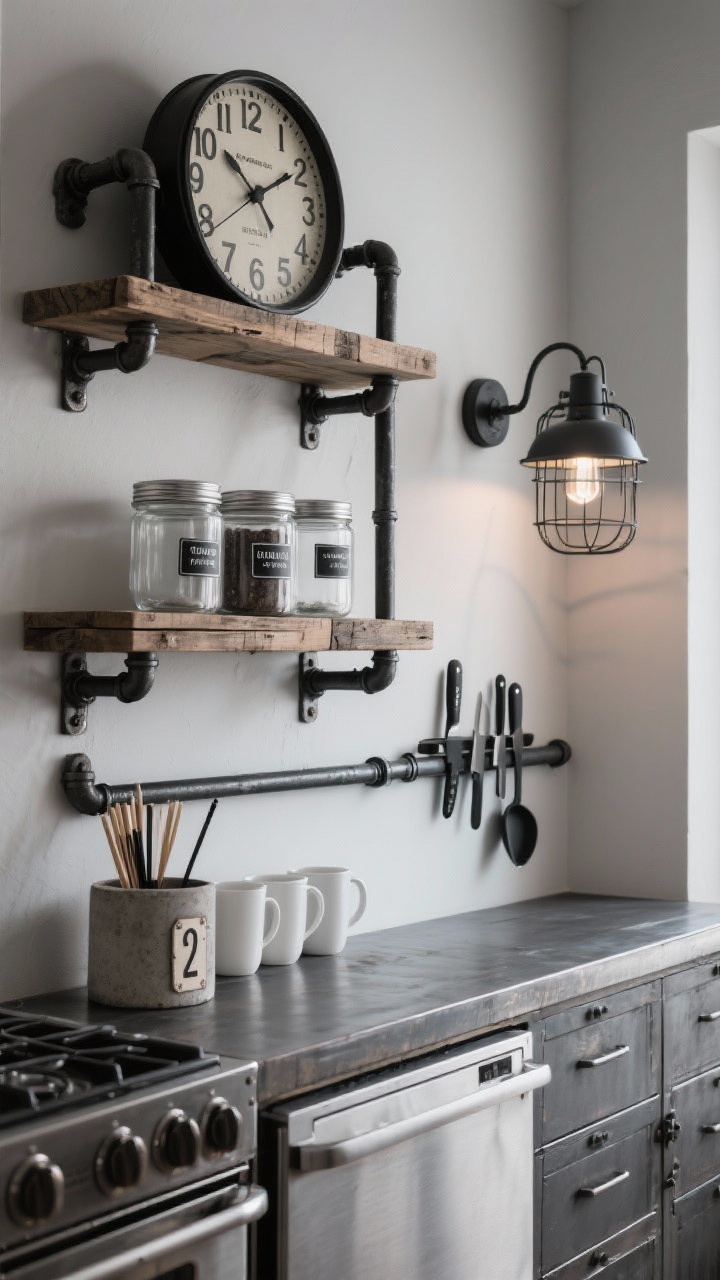 Photorealistic wide wall shot, Industrial Pipe-Shelf Station: two black iron pipe shelves with reclaimed wood planks mounted in a stacked arrangement over a narrow metal console; stainless appliances on the console; shelves styled with clear glass canisters, labeled tins, and a bold factory-style clock; black metal magnetic knife bar used to hold stir sticks and a scoop; concrete planter and vintage number tags as accents; industrial cage sconce providing focused, rugged lighting; palette of weathered wood, graphite, steel, and crisp white mugs; purposeful, tough-cool aesthetic, straight-on view.