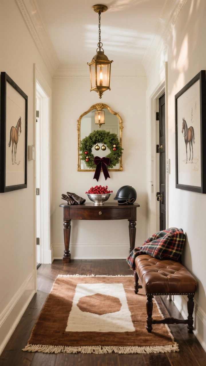 Straight-on entry hall medium shot, Equestrian Entry Hall: rug in saddle-brown and cream centered, black-framed equestrian sketches flanking the corridor, console in dark-stained wood topped with a silver bowl of red berries, leather gloves, and a vintage riding helmet, gilt mirror above reflecting warm light, lantern pendant in aged brass overhead, small bench upholstered in bridle leather with a plaid throw, boxwood wreath with velvet ribbon and jingle bells on the wall; soft afternoon glow.