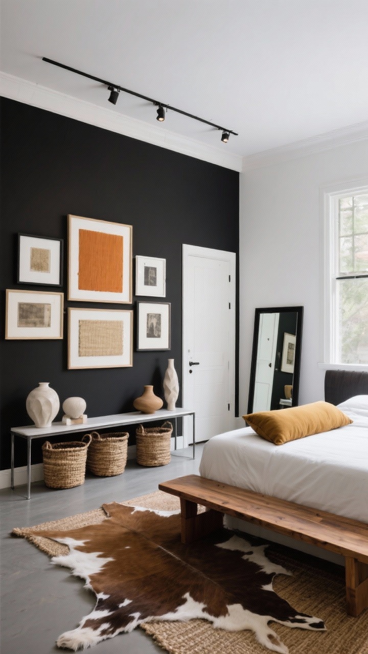Straight-on, gallery-focused composition: a dramatic statement wall opposite the door filled with oversized frames and textured canvases, a low-profile bed beneath with a single long bolster pillow, color story in black, white, camel, with one accent (terracotta or mustard), layered jute rug with cowhide or sheepskin, a slim console below the gallery storing baskets, a steel or oak bench, track lighting washing the art, sculptural vases, and a leaning black-frame floor mirror; crisp, museum-like lighting.