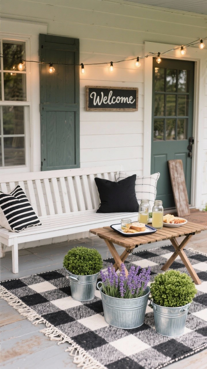 Straight-on medium shot: A farmhouse porch picnic scene with a black-and-white checkered outdoor rug as the base. A simple slatted bench styled with black-and-white throw pillows, paired with a small folding wood table set for snacks. A galvanized tub repurposed as a planter with lavender, plus boxwood in galvanized buckets. Enamel tray with drinks on the table. Mason-jar string lights wrapped around the porch railing provide warm illumination, and a DIY painted “Welcome” sign leans by the door. Timeless farmhouse textures, photorealistic.