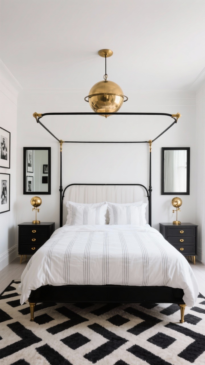 Straight-on medium shot, Art-Deco edge: soft white walls with a black metal canopy bed centered; crisp plush ivory duvet, thin pinstripe pillowcases; black-framed mirrors symmetrically placed, bold geometric black-and-white rug; warm brass globe sconces and a hero brass globe chandelier overhead; dresser with warm brass pulls; black-and-white gallery wall arrangement; bright, balanced lighting that highlights contrast, photorealistic.