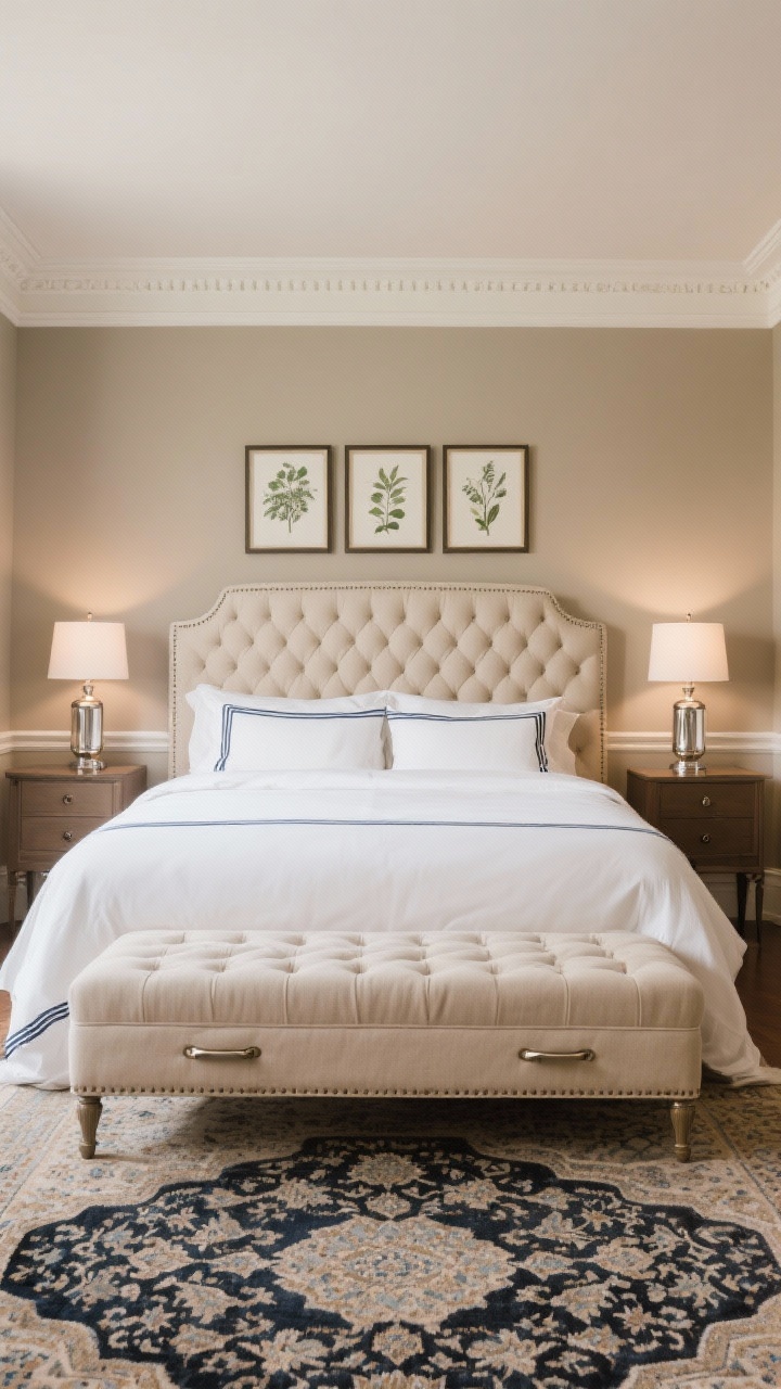 Straight-on medium shot at bed foot: tufted linen bench in oatmeal, traditional profile, featuring two slim end drawers with polished nickel pulls; walls in warm greige with crisp white crown molding; polished nickel bedside lamps; bed dressed in crisp white sheets with navy piping; patterned Persian-style rug anchoring the scene; framed botanicals in a tidy grid above the headboard; balanced, classic lighting, photorealistic.
