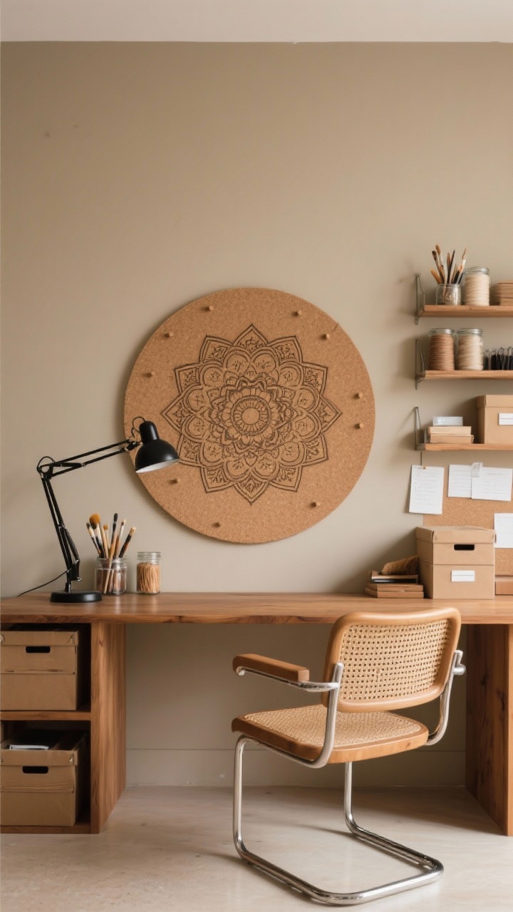 Straight-on medium shot, earthy studio workspace: warm greige walls; solid wood desk positioned in front of a giant circular cork pinboard engraved with a subtle mandala pattern; cane-backed desk chair; matte black task lamp angled toward the desk; stacked open shelves holding jars of brushes, thread, and notes; kraft storage boxes keeping clutter contained; materials of wood, cane, cork, matte metal; grounded, organized, inspired atmosphere; soft diffuse daylight, no people, photorealistic.
