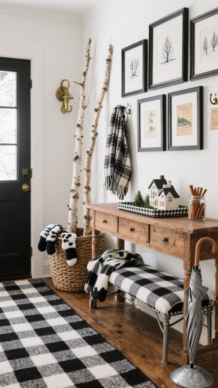 Straight-on medium shot, farmhouse entry: black-and-white buffalo check runner along the foyer floor, warm wood console with a deep woven basket for scarves and mittens, tall birch branches in a crock, antique brass hooks on the wall holding plaid scarves, a cluster of simple black frames with winter sketches and vintage postcards, console styled with a plaid-lined tray, a small ceramic village, and a jar of cinnamon sticks; buffalo check bench cushion and galvanized umbrella stand visible; color palette black, white, natural wood, evergreen; soft natural daylight, photorealistic.