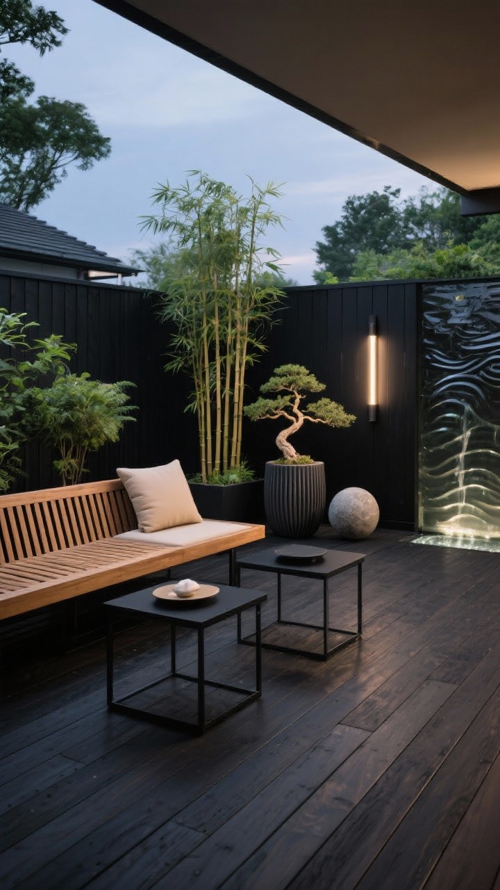 Straight-on medium shot, Japandi statement deck in charcoal-black semi-solid satin finish on hem-fir: clean layout with a slatted wood bench, low black steel side tables, putty-beige cushions; tall bamboo and a single bonsai placed asymmetrically; ribbed planters and smooth stone spheres for balance; linear outdoor sconces casting gentle, directional light; ripple-glass water feature to one side; high contrast with lush greenery, serene spa atmosphere, photorealistic twilight.
