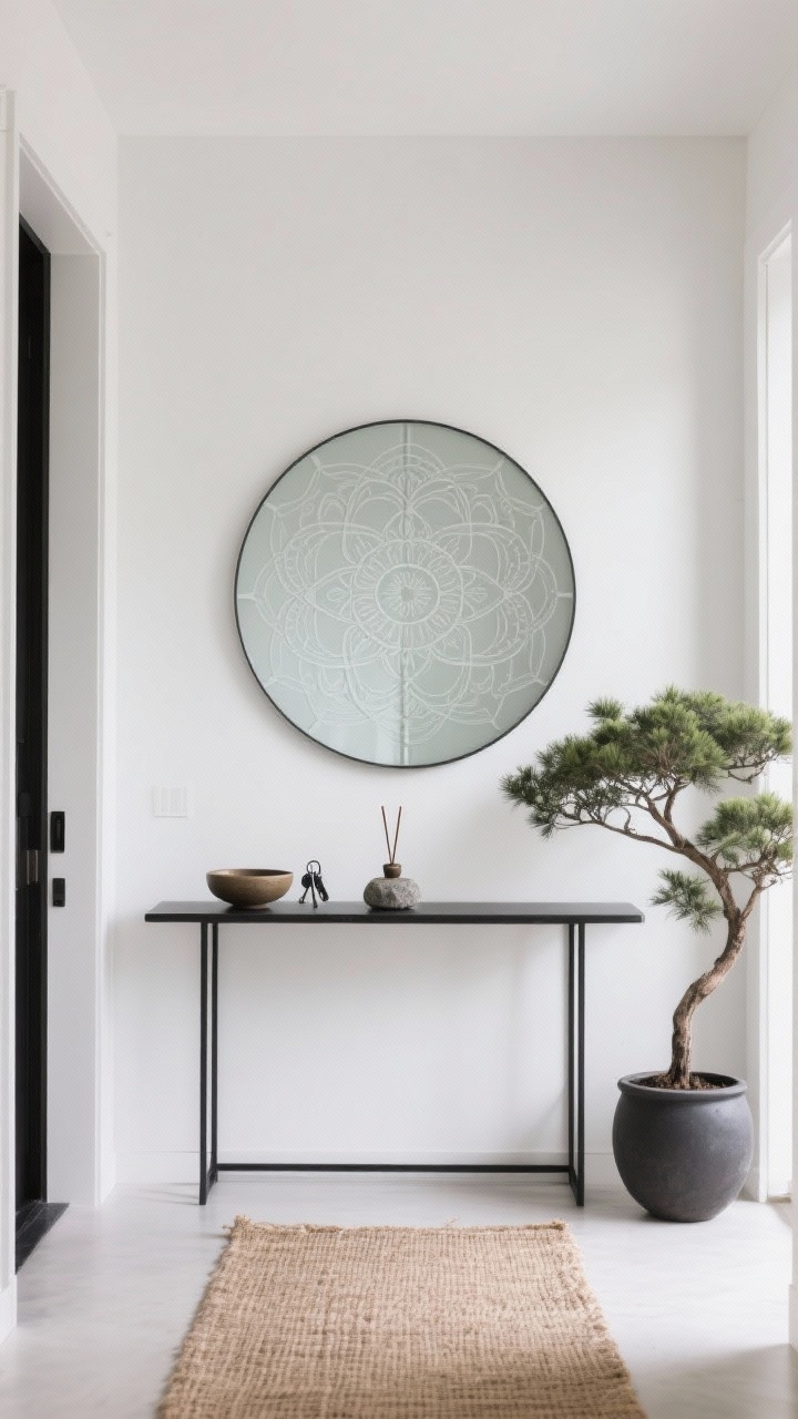 Straight-on medium shot, minimalist zen entryway: matte white walls, slim black powder-coated metal console table; large round mirror above etched with a delicate mandala motif; console styled with a single ceramic bowl for keys and a stone incense holder; low Japanese maple in a charcoal planter to one side; jute runner underfoot; crisp, edited, intentional look with soft natural light; focus on etched glass mandala detail, no people, photorealistic.