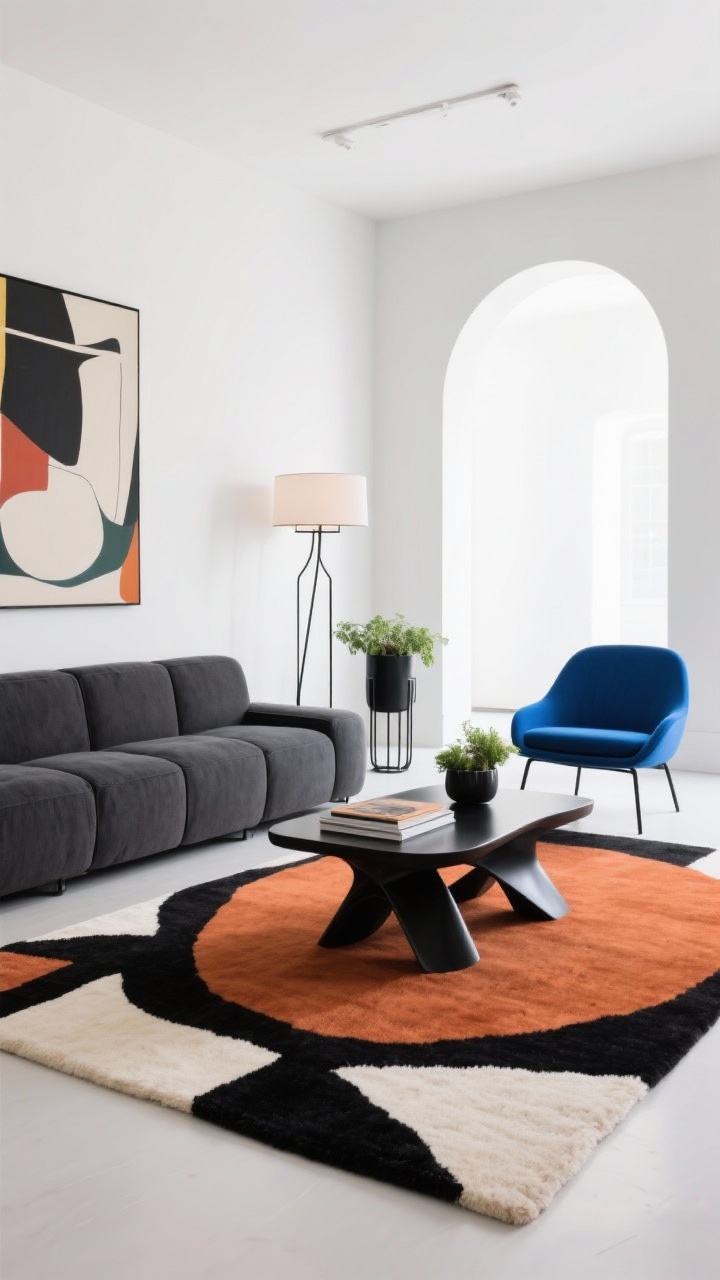 Straight-on medium shot, modern art pop: a high-pile wool rug with oversized bold geometric shapes in black, terracotta, and cream dominates the floor. A low-profile modular charcoal sofa, sculptural black metal coffee table centered on the rug, and one accent chair in electric cobalt blue. Minimal white walls with one large abstract print. Add an arched floor lamp, matte black metal planters with greenery, and glossy coffee table books. Crisp gallery lighting with soft shadows; photorealistic, graphic and contemporary atmosphere.