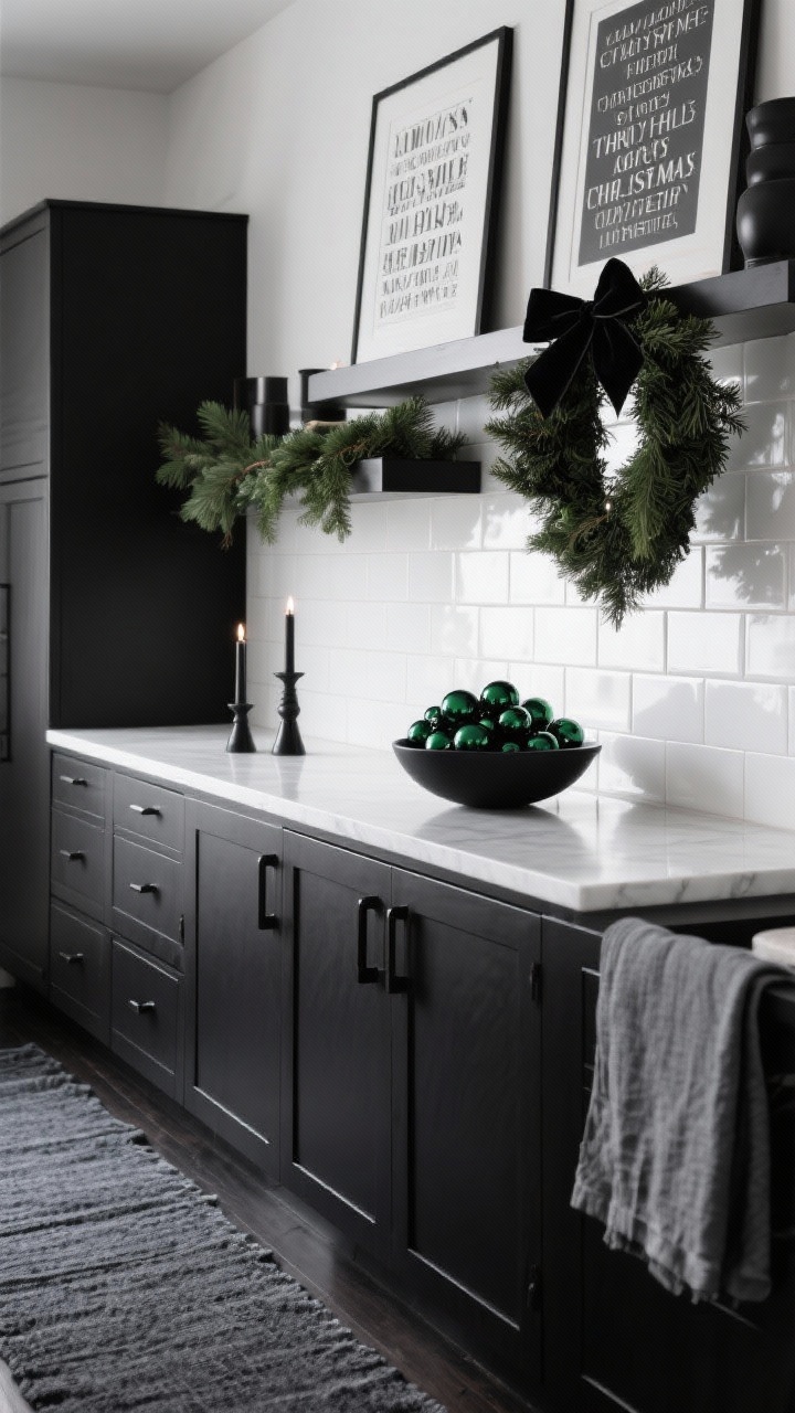Straight-on medium shot, Modern Monochrome Black & Evergreen: glossy white tile backsplash with matte black accents and black cabinet pulls; charcoal runner on the floor, matte black candleholders on the island; bold, sculptural greenery with a cedar swag along floating shelves (no ribbon), a minimal wreath with a single black velvet bow; shallow black bowl holding clusters of dark green glass ornaments; black-and-white typographic holiday prints on the wall, graphite linen textiles; sleek, moody lighting with crisp contrast, photorealistic, no people.