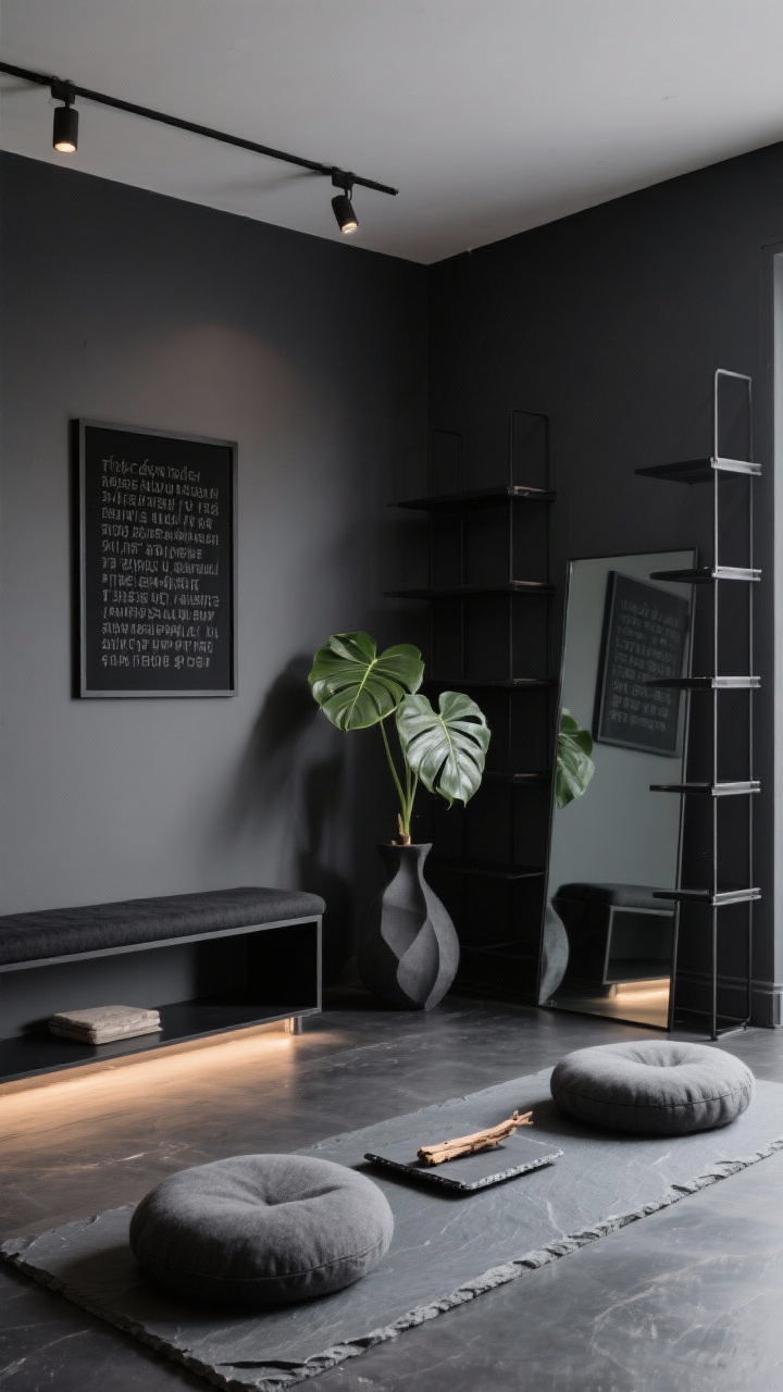 Straight-on medium shot: Monochrome meditation studio with charcoal walls, a low black bench, and a sculptural fiddle-leaf fig adding organic contrast; floor features a slate meditation cushion set, a slate tray with palo santo; minimal decor including a black-framed typographic mantra, modular black shelving and a large floor mirror reflecting space; textures of felt, slate, powder-coated metal, smooth cotton; adjustable track lighting on dimmers with a soft floor light creating controlled, calming illumination; photorealistic.
