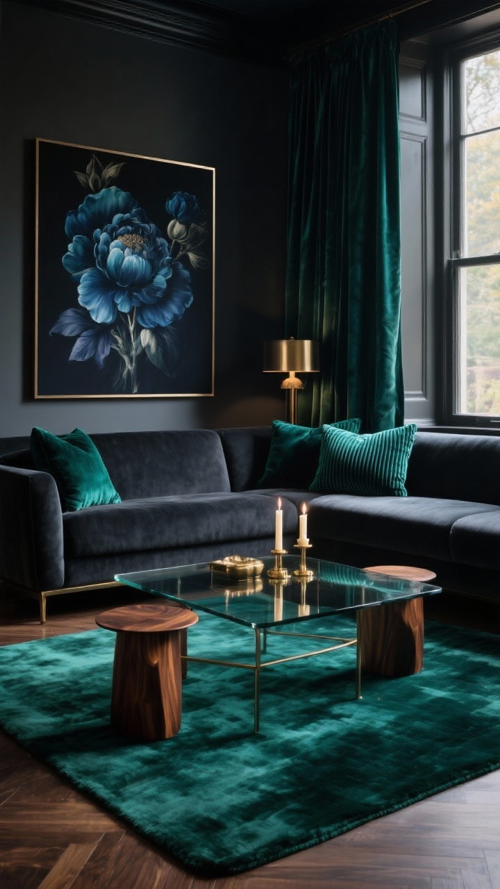 Straight-on medium shot, moody luxe: a deep jewel-tone rug in rich emerald (or sapphire) low-pile velvet/dense wool under a charcoal sectional. Smoked glass coffee table centered, walnut end tables, brass or bronze lighting casting a soft glow. Velvet curtains in matching jewel tone frame the window; dark floral art on the wall; velvet pillows and ribbed candles on the table. Colors: emerald/sapphire, charcoal, walnut, antique brass. Low, dramatic lighting with controlled reflections; photorealistic, luxurious and intentional.