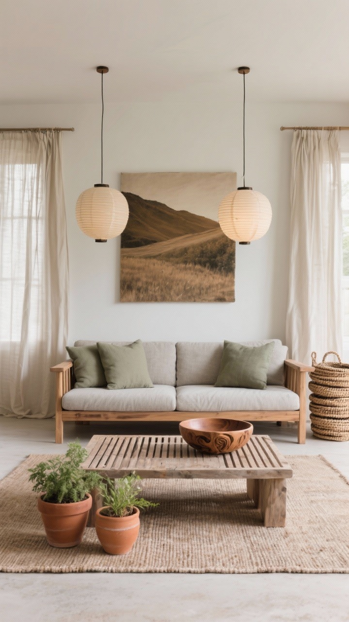 Straight-on medium shot, natural minimalism: a wood-frame sofa in ash with stone-colored cushions sits on a flatweave rug; a slatted wood bench serves as a coffee table with a carved wooden bowl on top; terracotta planters in a small cluster hold greenery; linen curtains filter daylight; on the wall, a single oversized landscape in earthy tones; stacked woven baskets for storage to one side; lighting includes a duo of paper lantern pendants centered over seating; palette stone, clay, ash wood, sage; photorealistic, calm and airy.