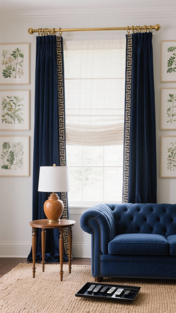 Straight-on medium shot of a classic window treatment: inside-mount warm white linen Roman shades centered within the window, flanked by navy tailored drapery panels edged with subtle Greek key tape; polished brass rod with ring clips; deep blue Chesterfield sofa in front; spindle-leg side table with ginger jar lamp; sisal rug grounding the scene; lacquered tray neatly corralling remotes; gridded botanical prints aligned symmetrically on the wall; color story navy, white, brass, natural fiber; photorealistic, sharp, orderly lighting.