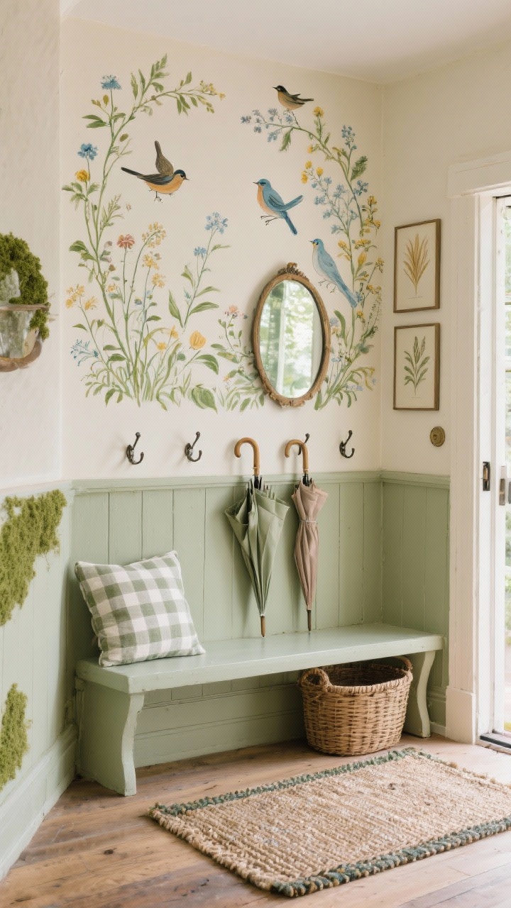 Straight-on, medium shot of a cottagecore entryway: lower third of the wall painted soft moss with a Shaker-style peg rail and matching ledge; above, a whimsical hand-painted mural of sprigs, birds, and wildflowers on cream; narrow bench beneath with a gingham cushion, basket storage below; small woven-border rug on the floor; vintage mirror with patina reflecting soft daylight; wicker umbrellas, enamel hooks, framed botanical prints; palette of moss, cream, wheat, robin’s egg; charming, storybook mood, photorealistic.
