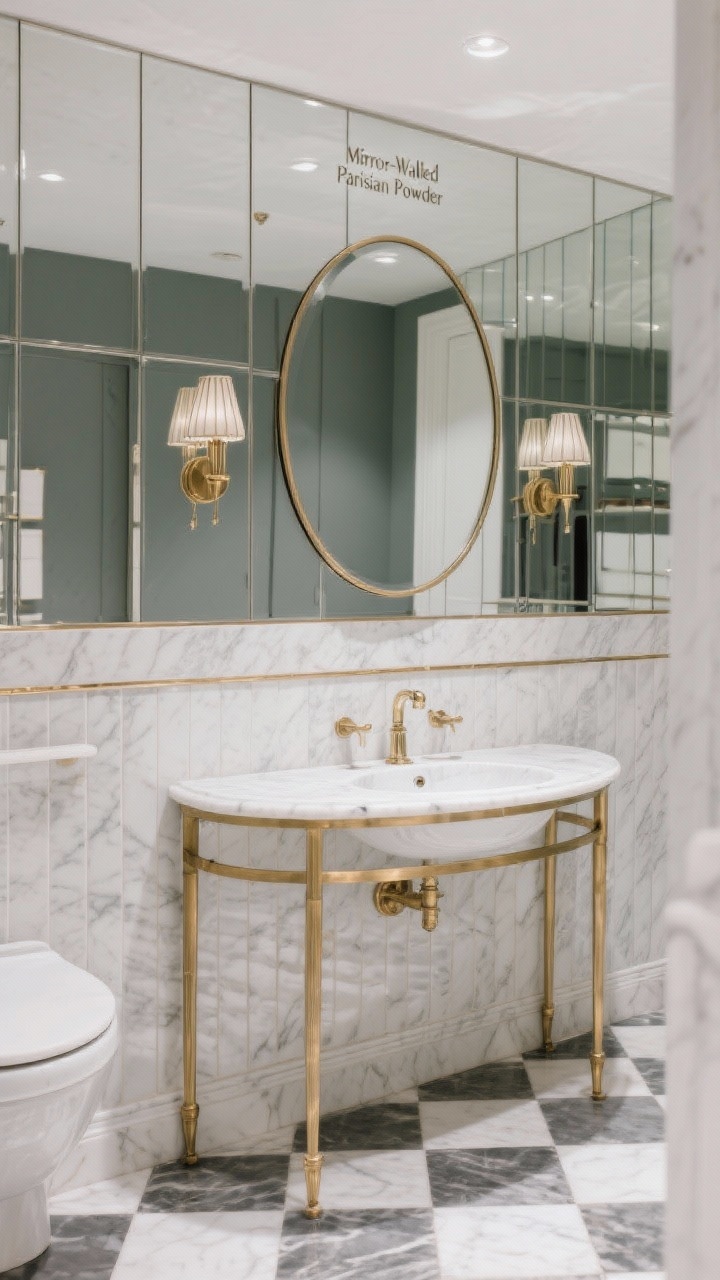 Straight-on medium shot of a “Mirror-Walled Parisian Powder” room: a full mirrored wall above the vanity, lower half wrapped in slim marble-look tile with delicate brushed brass trim; petite console sink with brass legs and Carrara top; an oval pivot mirror layered over the mirrored wall, flanked by a pair of art-deco sconces; grayscale checkerboard mosaic floor anchoring the scene; elegant, reflective, softly lit, no people.