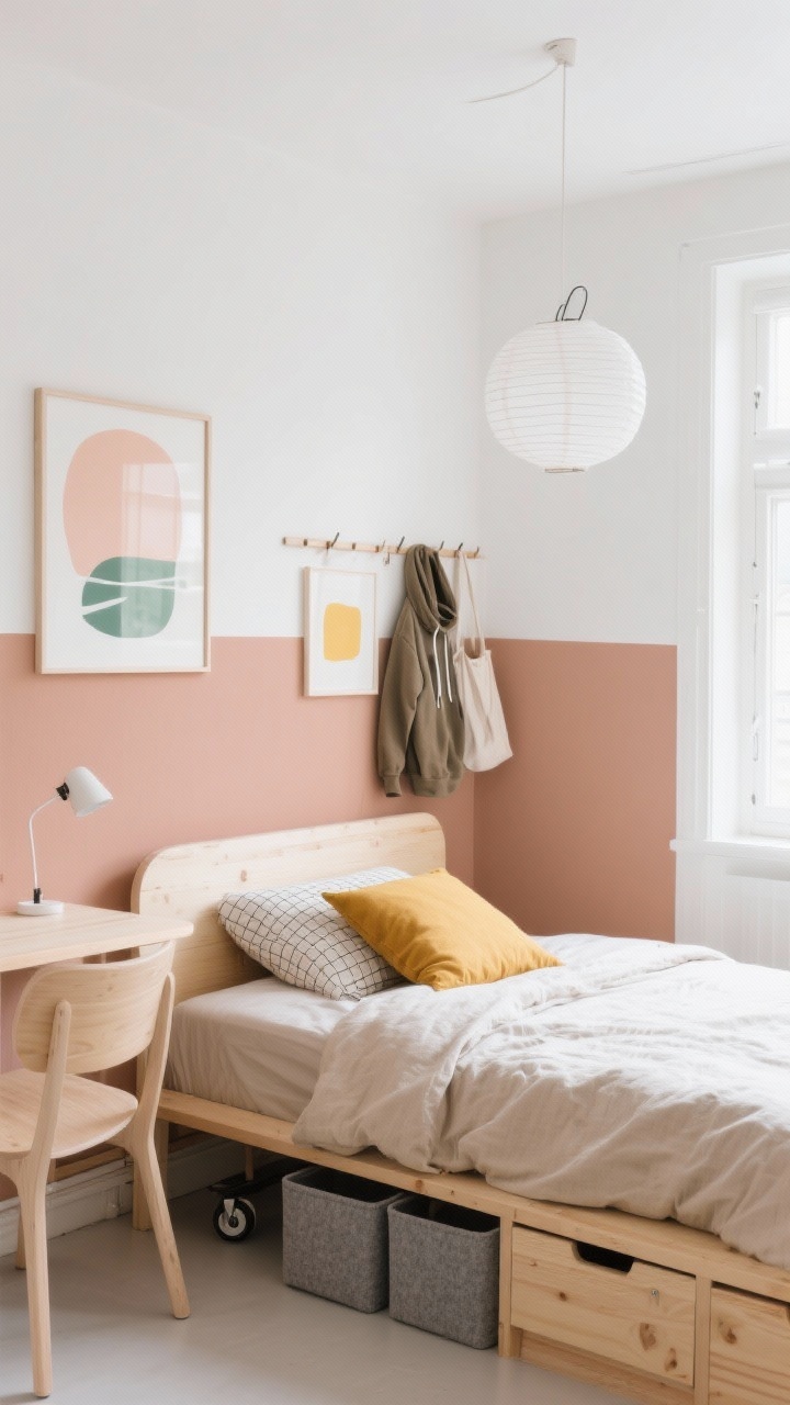 Straight-on medium shot of a Scandi studio bed wall: two-tone color-block walls with soft clay on the lower half and creamy white above, visually grounding the bed with no headboard. Blonde wood furniture with rounded corners: simple bed frame, slim desk beneath a window, pale plywood chair. Oatmeal linen duvet, mustard lumbar pillow, tiny grid-print sheet peeking. Peg rail with a hoodie and bag. Paper lantern pendant overhead, minimal clip lamp at desk. Soft pastel abstract prints (peach, sage, mustard). Rolling underbed drawers and a cube shelf with felt bins. Bright, daylight-filled minimalism.