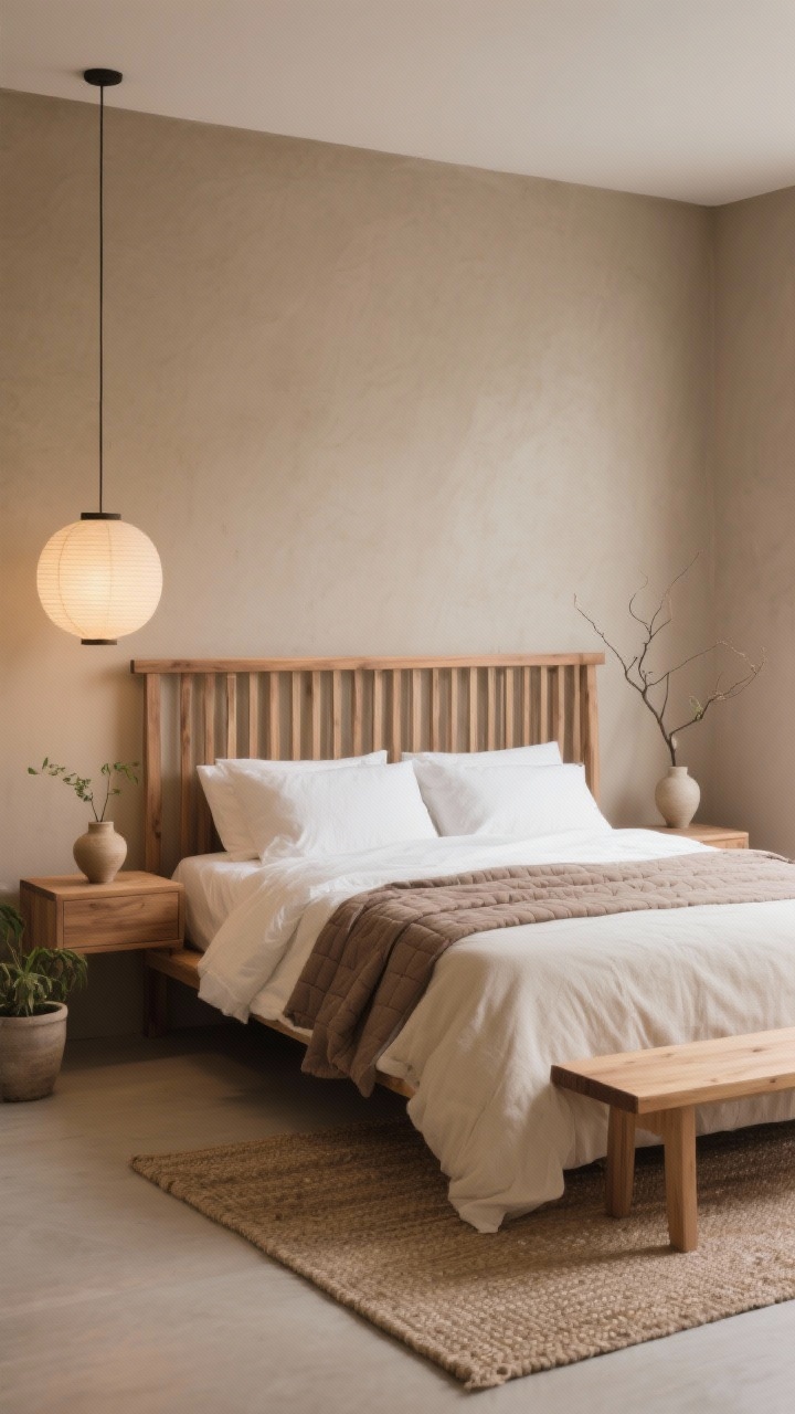 Straight-on medium shot of a serene Japandi bedroom: DIY slatted headboard in natural/smoked oak against warm greige walls, stonewashed white duvet, beige linen shams, taupe quilt folded at the foot, floating wood nightstands with minimal ceramic bud vases and a single branch, paper lantern pendants emitting soft diffused glow, low-profile planters, flatweave rug and a simple wood bench at the bed’s foot; calm, minimalist, warm neutrals.