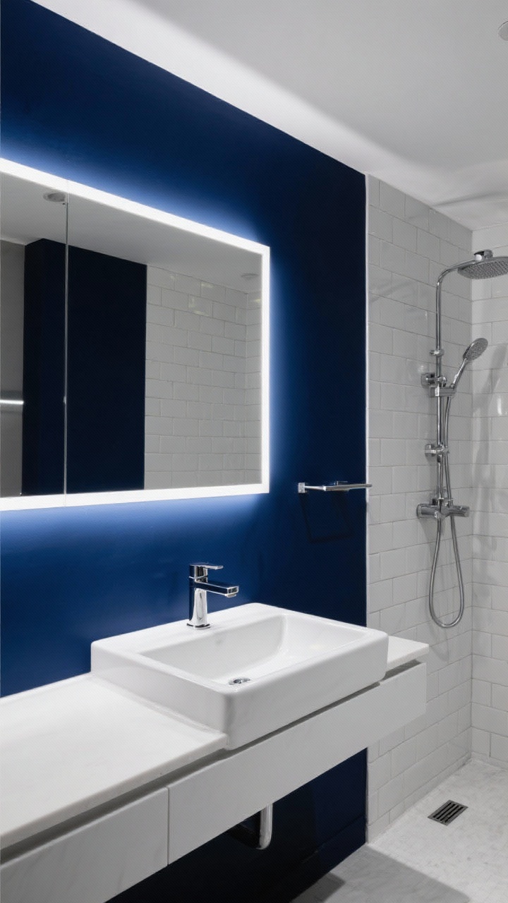 Straight-on medium shot of “Monochrome Hotel Chic”: walls, ceiling, and vanity all in deep midnight blue; crisp white stacked shower tile and a white countertop for contrast; slim integrated sink with straight lines, polished chrome single-lever faucet; large rectangular mirror with edge backlighting creating a floating glow; linear drain visible in the shower; clean, boutique-hotel mood, no people.
