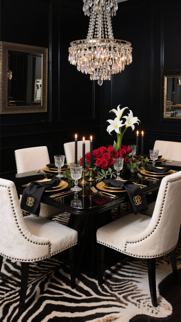 Straight-on medium shot, Park Avenue Black-Tie Dining Room: midnight walls, high-gloss ebony dining table set with black-and-gold dinnerware, cut-crystal stemware, monogrammed linen napkins tied with black satin ribbon, ivory velvet dining chairs with nailhead trim around the table, zebra hide rug beneath, modern chandelier with a cascade of crystal overhead, long low centerpiece of white amaryllis, red roses, and laurel with tapered black candles; candlelit, moody glamour.