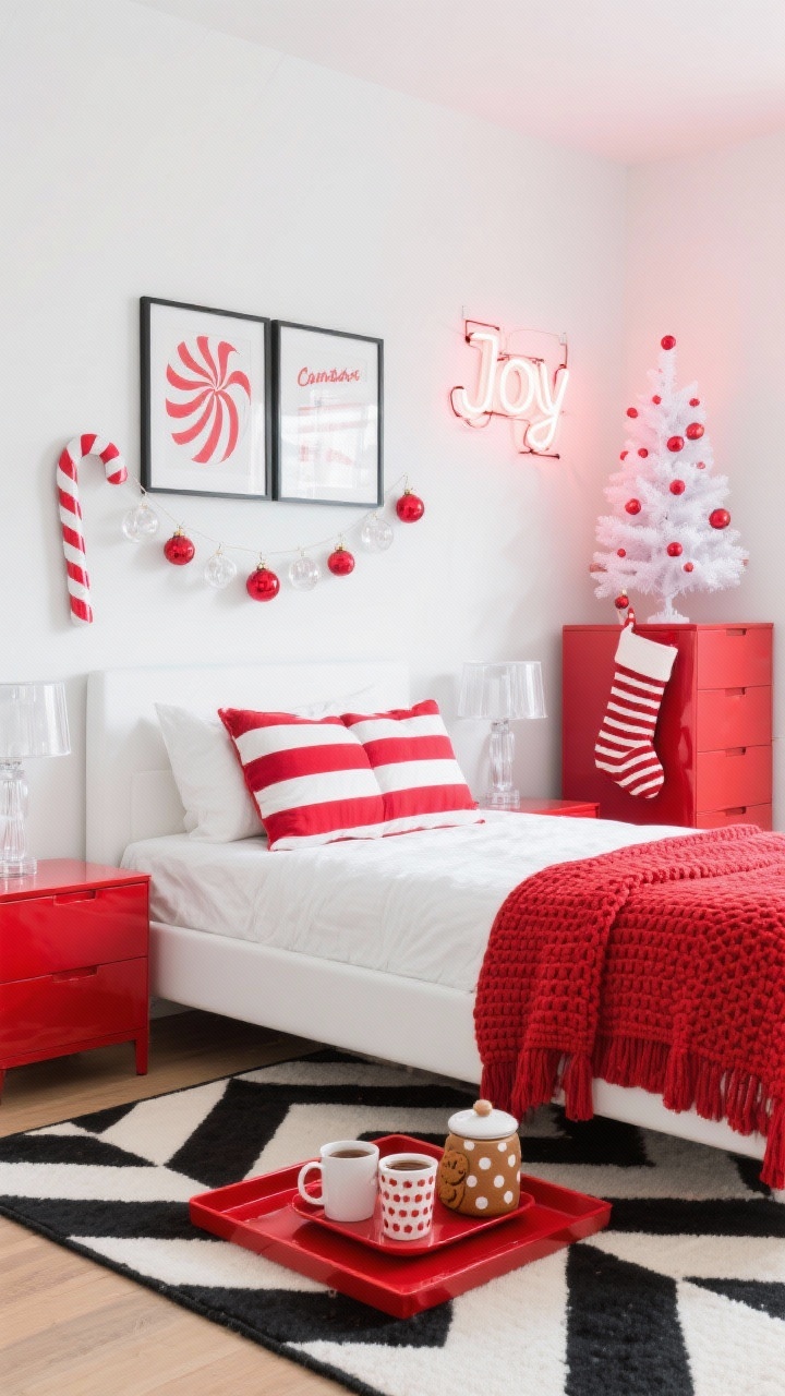 Straight-on medium shot, photorealistic: Candy Cane Pop Modern bedroom with white walls and a sleek low-profile bed dressed in crisp white percale, bold red-and-white striped pillows, a red waffle-knit throw, and a graphic black-and-white rug; minimal lacquered nightstands with clear acrylic lamps; decor includes a candy cane garland, a neon “Joy” sign glowing, peppermint art prints; a mini white tree with red baubles and transparent ornaments; a red lacquer tray holding cocoa mugs and a cookie jar; a polka-dot or striped stocking hanging from the dresser; bright, playful lighting; no people.