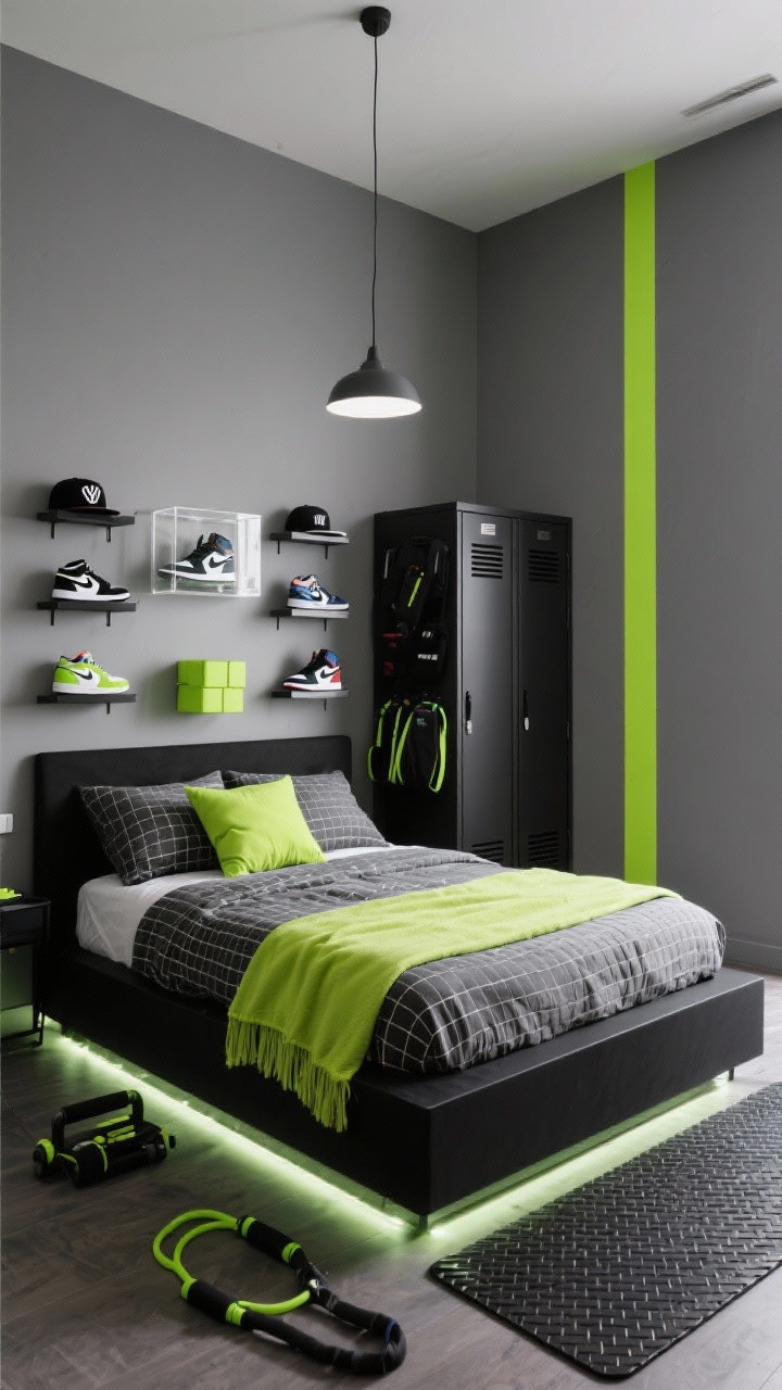 Straight-on medium shot, sporty streetwear suite: cool gray walls with a single vertical racing stripe in neon lime running down one wall. Black platform bed with headboard shelf displaying pristine sneakers-as-art. Micro-grid bedding, solid throw matching the stripe color, nylon cube pillows. Wall-mounted shelves holding caps, acrylic case highlighting an MVP pair of kicks. Rubber-look mat delineating a mini training zone with resistance bands. LED strip glow under the bed and a minimal pendant above. Locker-style matte black cabinet for gear. Clean, energetic, urban.
