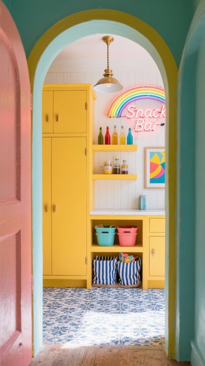 Straight-on medium shot through a painted archway into a color-pop pantry: sunny marigold cabinets (or soft coral) with slim matching painted shelving, patterned cement tile floor in navy/white accents, white beadboard backing for contrast, a vintage-inspired brass sconce above the doorway, rainbow glass bottles for syrups and oils, tiered risers and color-coded bins, playful art and striped linen bins, an optional cheeky neon “Snack Bar” sign; bright, cheerful lighting that feels like sunshine.