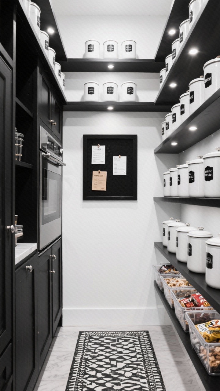 Straight-on medium-to-wide shot, high-contrast black-and-white pantry: ink-black shelves against crisp white walls, alternating shelf heights (tall bays for appliances and bulk jars, shorter for cans). Matte white canisters with black labels arranged in symmetrical grids, cabinet lighting or puck lights illuminating each shelf like a gallery. A black-framed pinboard with recipe cards, clear drawer bins below sorting snack packs by category, and a bold graphic runner on the floor. Clean, sharp, photorealistic, controlled bright lighting.