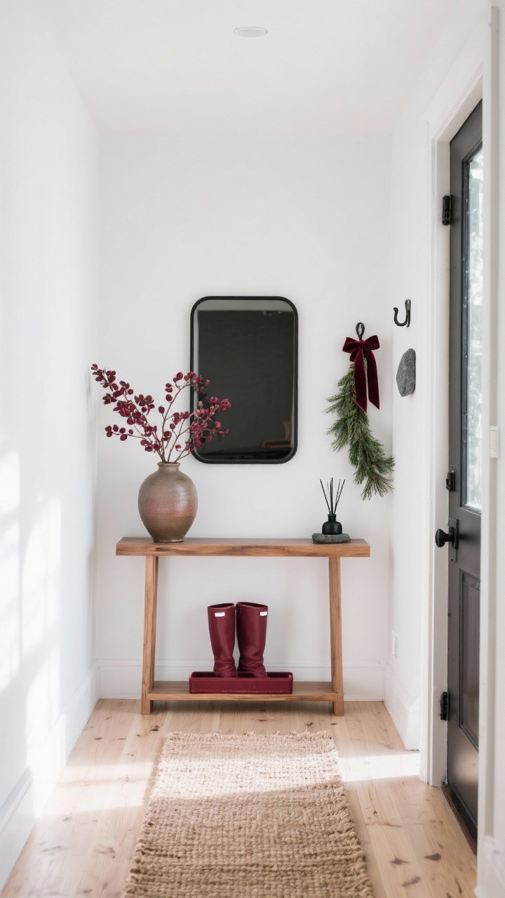 Straight-on, minimal entryway shot: Scandinavian light-filled foyer with white walls and light wood floors. A slim oak console table holds a single oversized ceramic vase with burgundy branches (faux plum or dyed eucalyptus). Above it, a simple matte black mirror. On the floor, a flatweave jute runner with a burgundy boot tray. Narrow cedar garland draped over wall hooks and tied with a burgundy velvet ribbon. A black stone diffuser set on the console. Clean, airy daylight, photorealistic, no people.