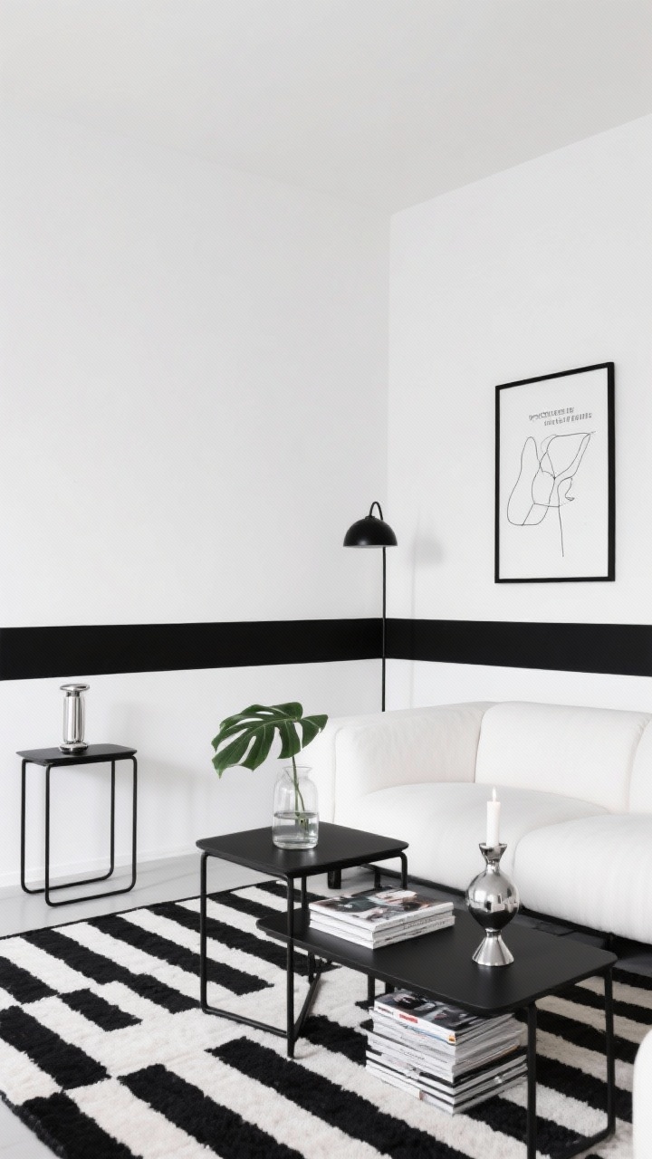 Straight-on minimalist black-and-white graphic living area: white walls with a single black accent stripe/arch; white sofa as anchor; bold graphic rug with black-and-white stripes; thin-framed black side tables; slim modern black floor lamp; line drawing and typography print on wall; decor limited to clear glass vase, small chrome object, single leafy green plant for contrast; tidy surfaces with stacked magazines and a sculptural candle; crisp, gallery-like lighting, photorealistic.