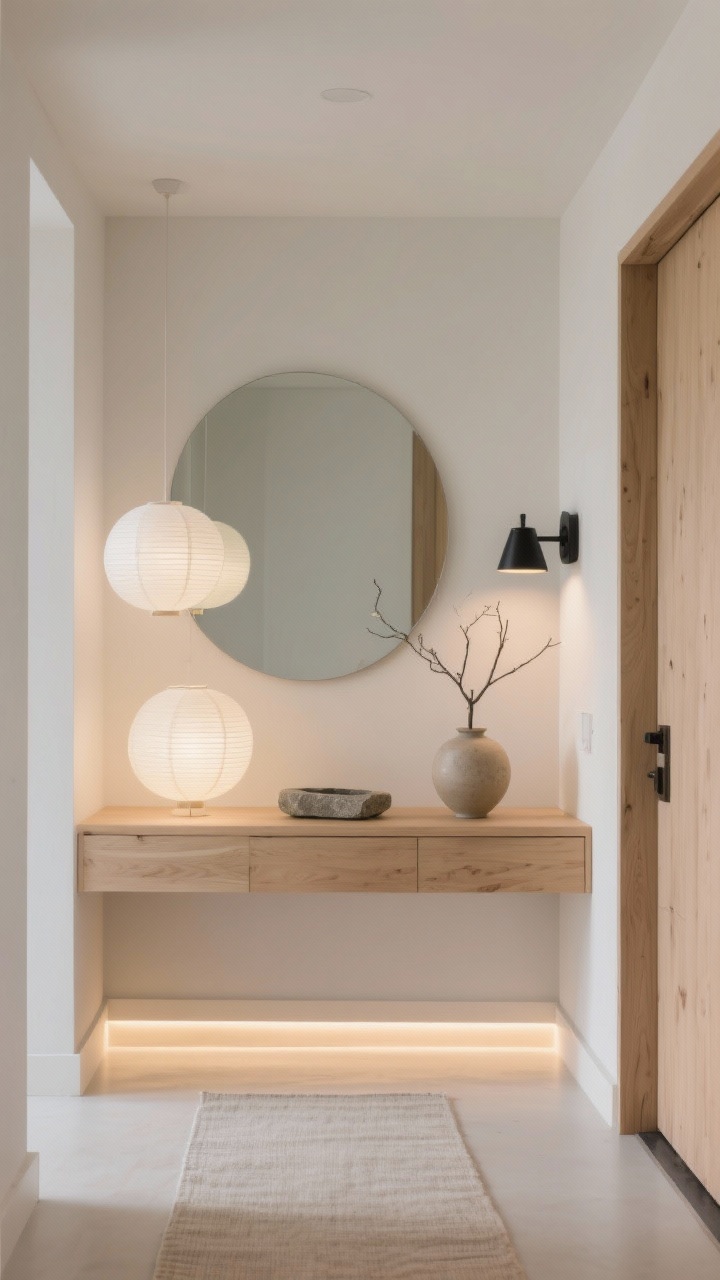 Straight-on, Minimalist Japandi Entryway: pale oak console with a large round frameless mirror above, two rice-paper sphere lamps (or frosted-glass orbs) diffusing soft cloud-like light across a stone catchall and a simple ceramic vase with a single branch, matte black wall sconce near the door, warm LED strip lighting under the console creating a subtle floating effect, neutral runner on pale floor, minimal intentional styling, airy tranquil mood, photorealistic.