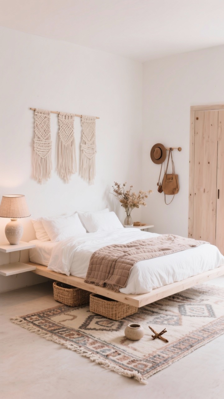 Straight-on wide bedroom shot, minimalist boho with soft layers: low platform bed with light wood frame; crisp white linen sheets layered with a taupe quilt; plush Moroccan-style rug underfoot; two floating night shelves to free floor space; above the bed, a simple woven wall piece or trio of neutral textile hangings; ceramic bedside lamp with fabric shade casting warm diffuse light; palette white, cream, taupe, pale blush; storage details: underbed baskets, slim wood wardrobe, peg rail with hats and bags; accents of dried florals, stoneware catchall, small palo santo bundle; serene, airy, photorealistic.