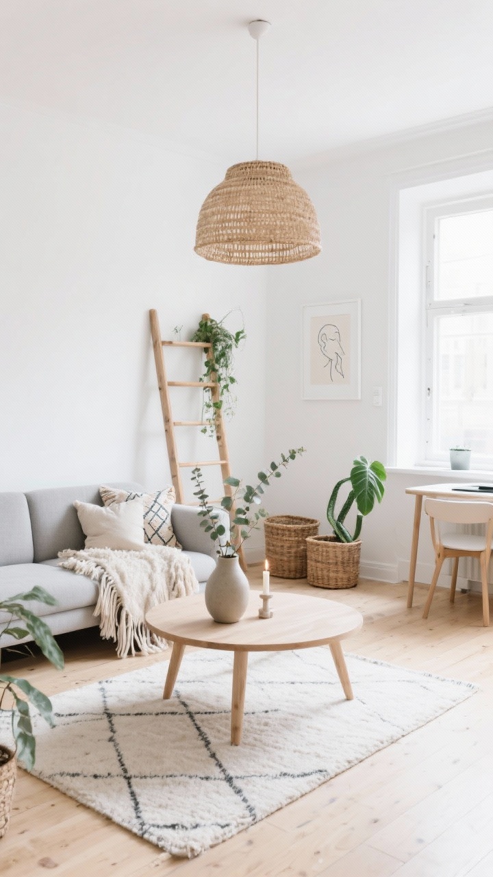 Straight-on wide shot, light-and-bright Scandi-boho studio: crisp white walls, pale wood floors (or light rug), slim-profile soft-gray sofa; round birch coffee table; simple ladder shelf for vertical storage; woolly textured rug, tassel pillows, oversized woven pendant as boho layers; baskets for hidden storage; a small bistro table floated by a window as a dining/work zone; palette white, sand, warm oak, sage accents; plants include snake plant, eucalyptus stems in a vase, string of pearls; subtle small-scale geometric textiles with light fringe; clean surfaces with a stoneware vase, sculptural candle, single framed line drawing; bright natural daylight, organized and calm.